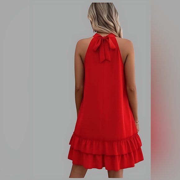 Red Layered Hem Halter Neck Dress - Picture 4 of 9